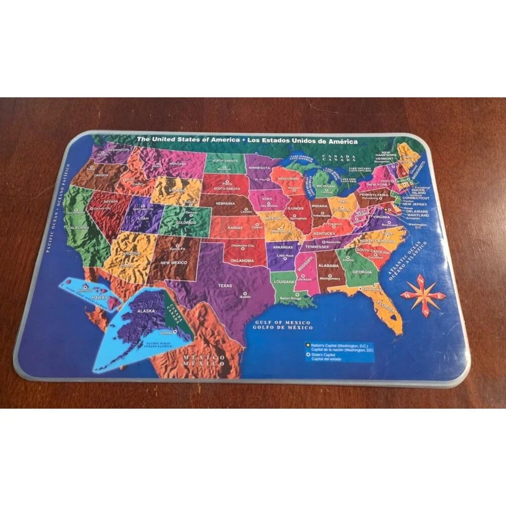 U.S.A. Map w/ Capitols Educational Placemat Bilingual Plastic 2004 Homeschooling